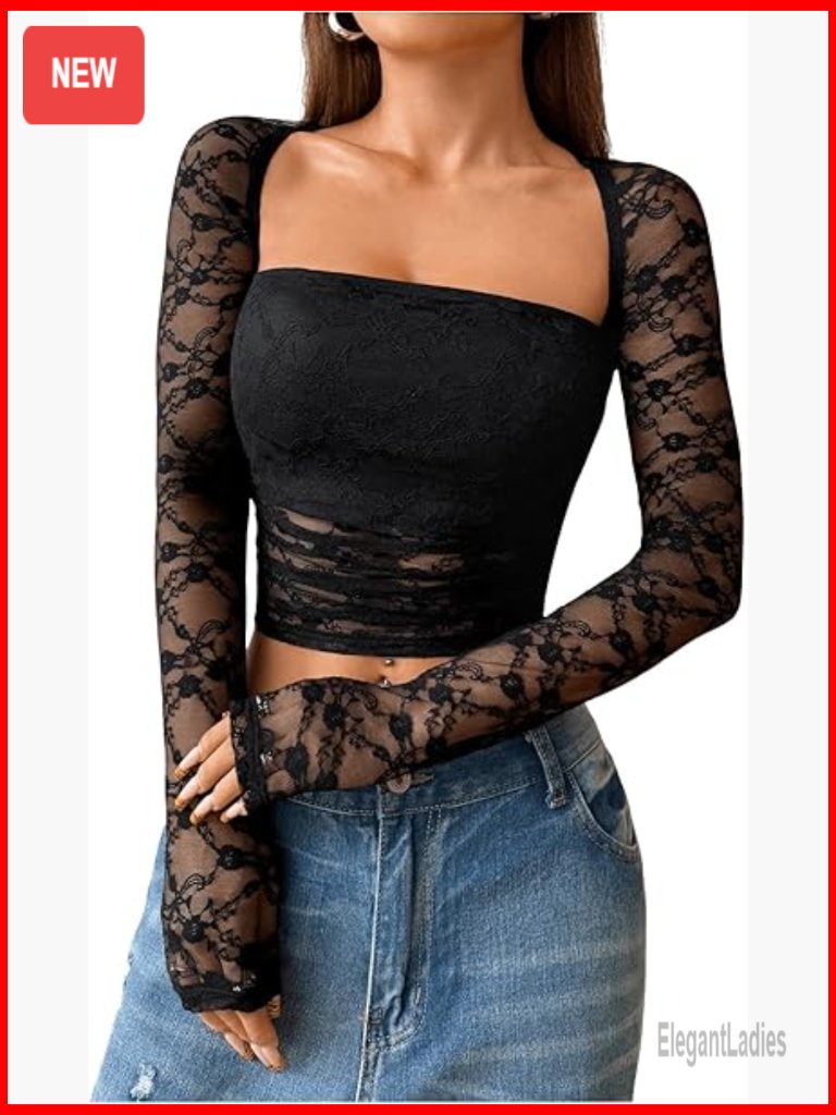 Lace Sheer Mesh Ruched T Shirt Square Neck Long Sleeve Slim Fit Crop Top